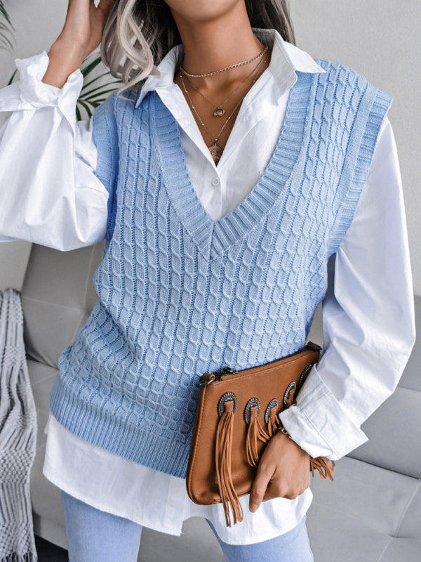 Women's V-neck fried dough twist casual loose knit sweater vest