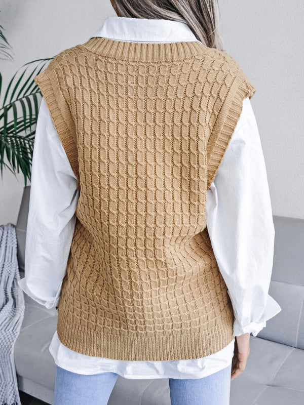 Women's V-neck fried dough twist casual loose knit sweater vest