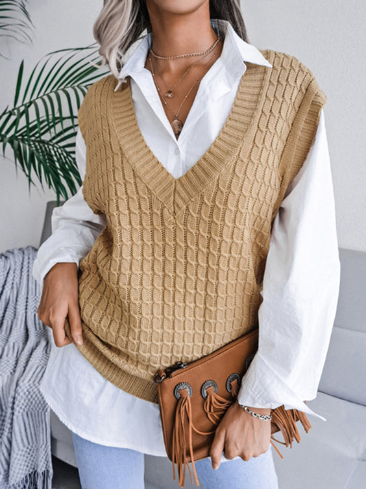 Women's V-neck fried dough twist casual loose knit sweater vest