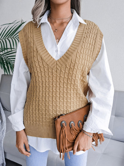 Women's V-neck fried dough twist casual loose knit sweater vest