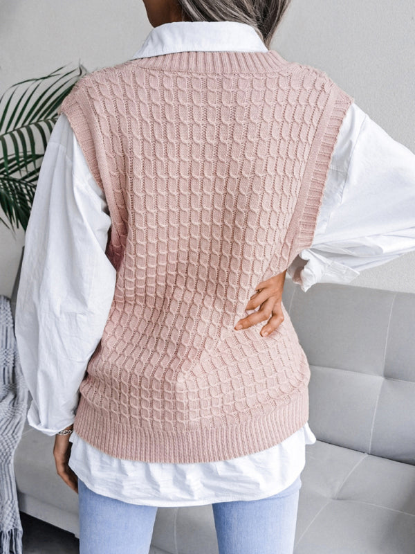 Women's V-neck fried dough twist casual loose knit sweater vest