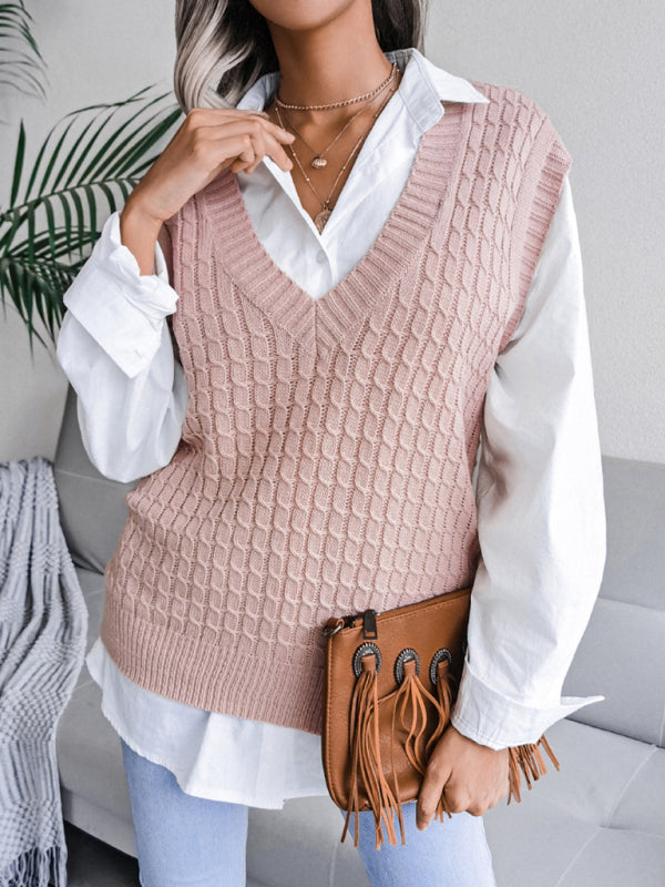 Women's V-neck fried dough twist casual loose knit sweater vest