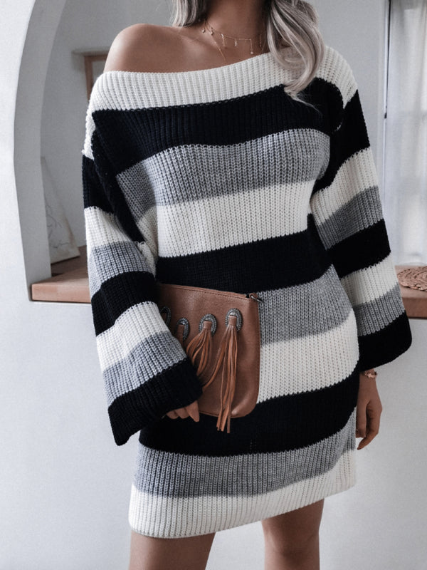 Women's straight neck off shoulder loose contrast striped knitted wool dress