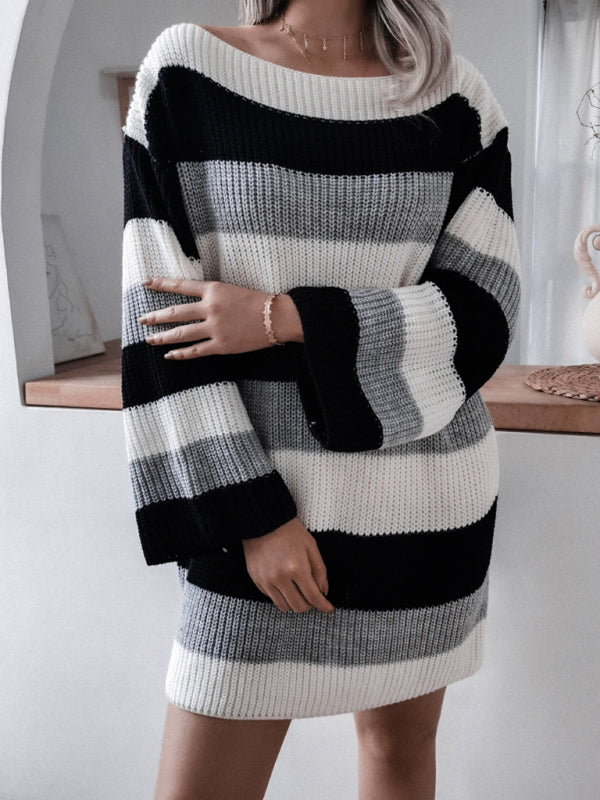 Women's straight neck off shoulder loose contrast striped knitted wool dress