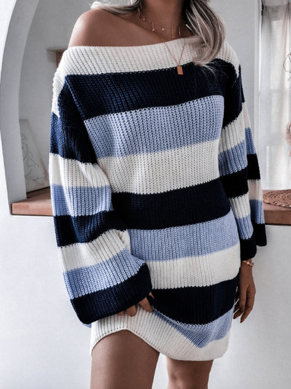 Women's straight neck off shoulder loose contrast striped knitted wool dress