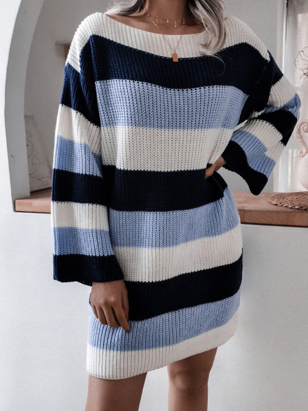 Women's straight neck off shoulder loose contrast striped knitted wool dress