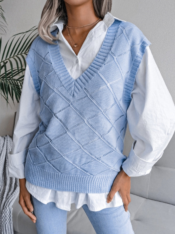 Women's V-neck hollow diamond casual knitting vest sweater