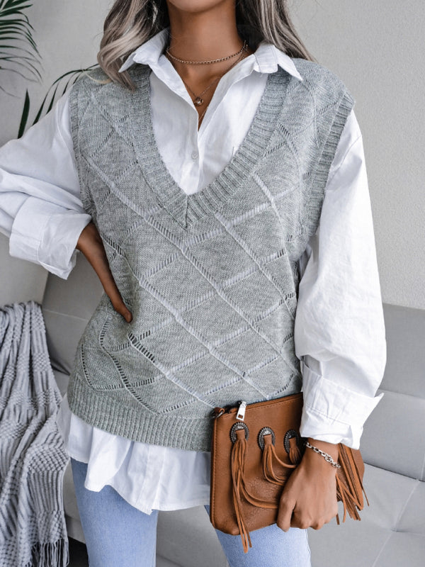 Women's V-neck hollow diamond casual knitting vest sweater