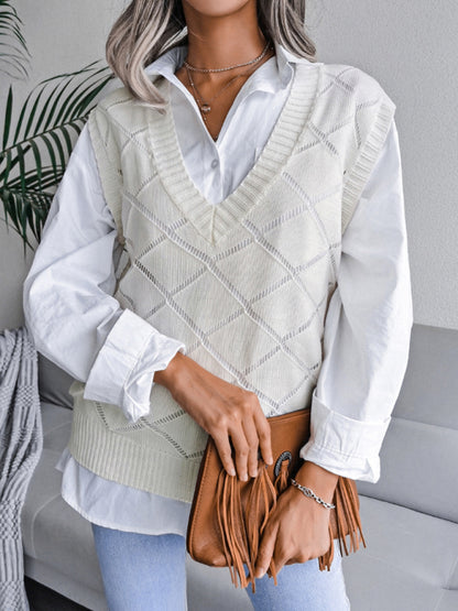 Women's V-neck hollow diamond casual knitting vest sweater