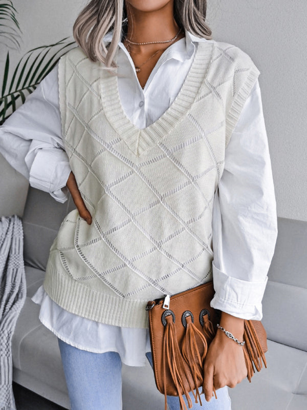 Women's V-neck hollow diamond casual knitting vest sweater