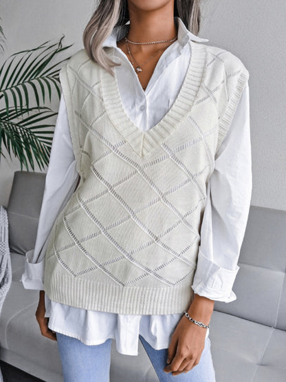 Women's V-neck hollow diamond casual knitting vest sweater