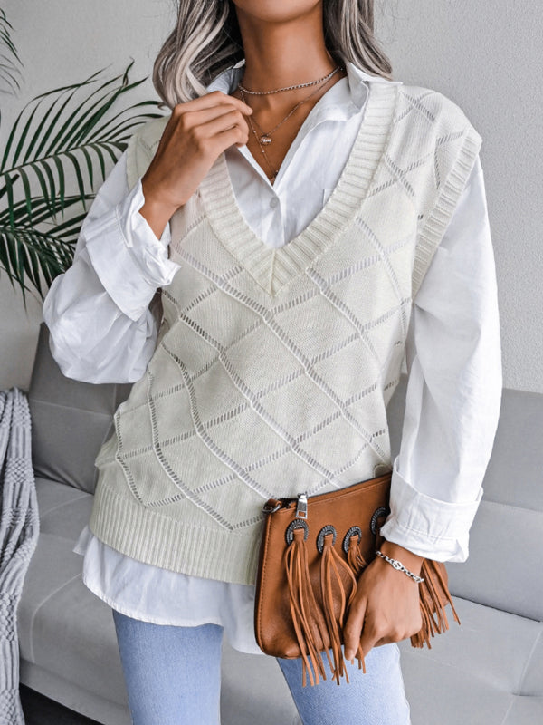 Women's V-neck hollow diamond casual knitting vest sweater