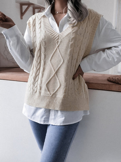 Women's V-neck fried dough twist casual loose knit vest sweater