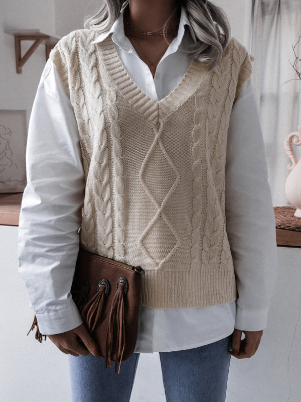 Women's V-neck fried dough twist casual loose knit vest sweater