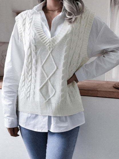 Women's V-neck fried dough twist casual loose knit vest sweater