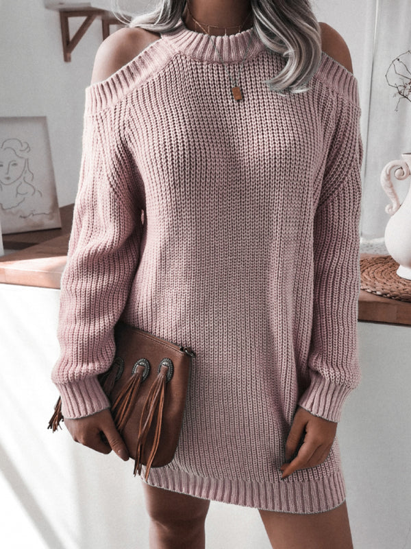 Women's off shoulder long sleeve casual loose wool dress