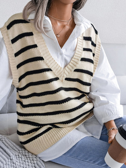 Women's V-neck stripe casual knitting vest sweater