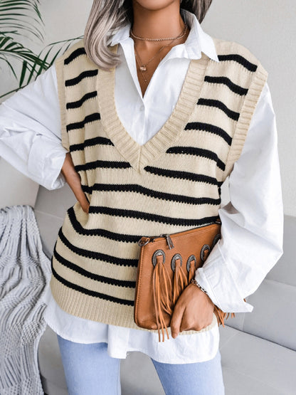 Women's V-neck stripe casual knitting vest sweater