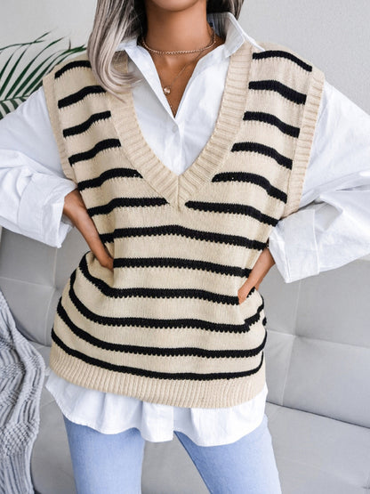 Women's V-neck stripe casual knitting vest sweater