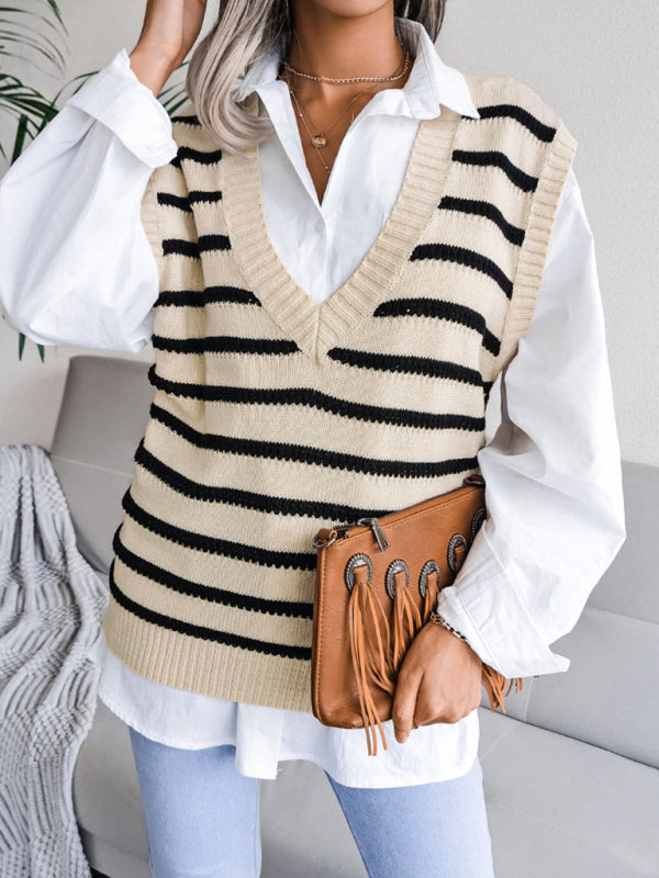 Women's V-neck stripe casual knitting vest sweater