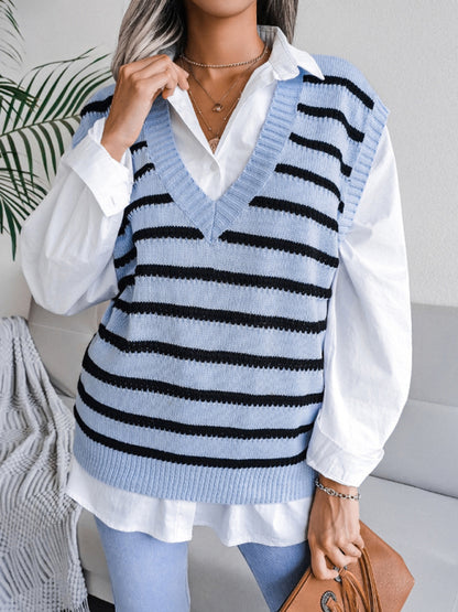 Women's V-neck stripe casual knitting vest sweater