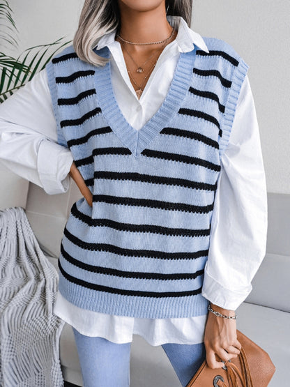 Women's V-neck stripe casual knitting vest sweater