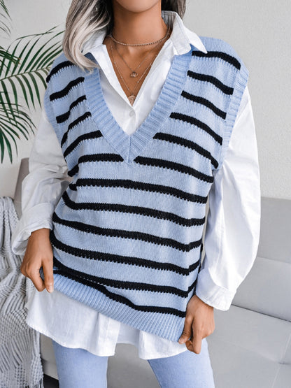 Women's V-neck stripe casual knitting vest sweater