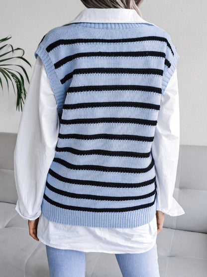 Women's V-neck stripe casual knitting vest sweater