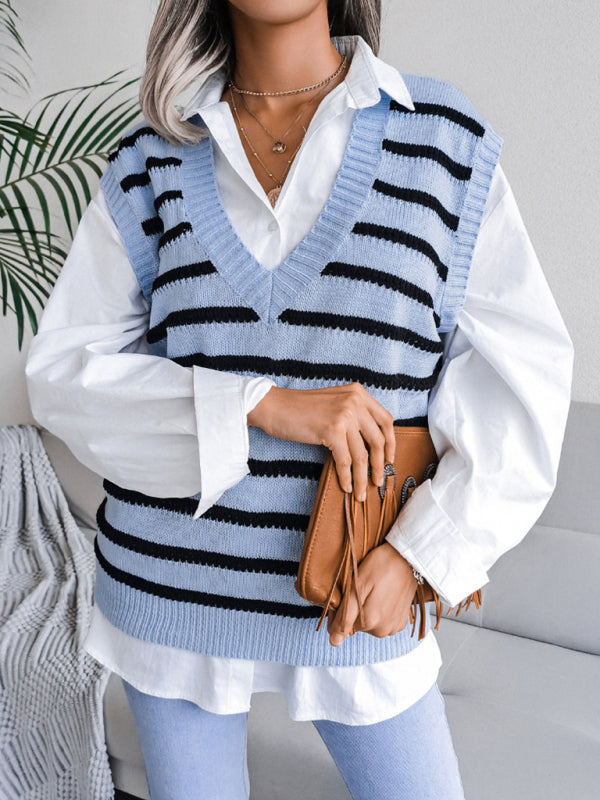 Women's V-neck stripe casual knitting vest sweater