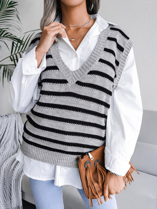 Women's V-neck stripe casual knitting vest sweater