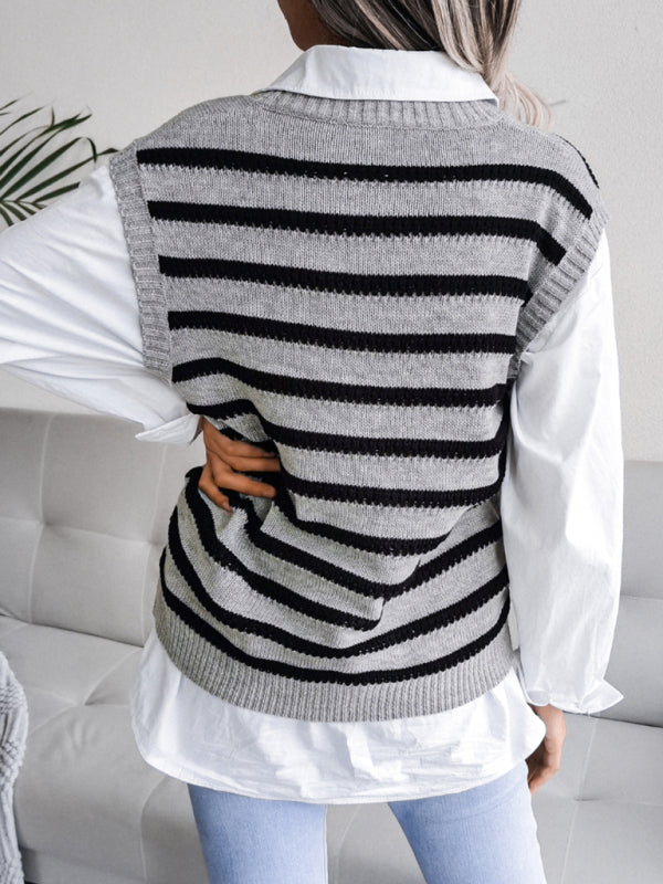 Women's V-neck stripe casual knitting vest sweater