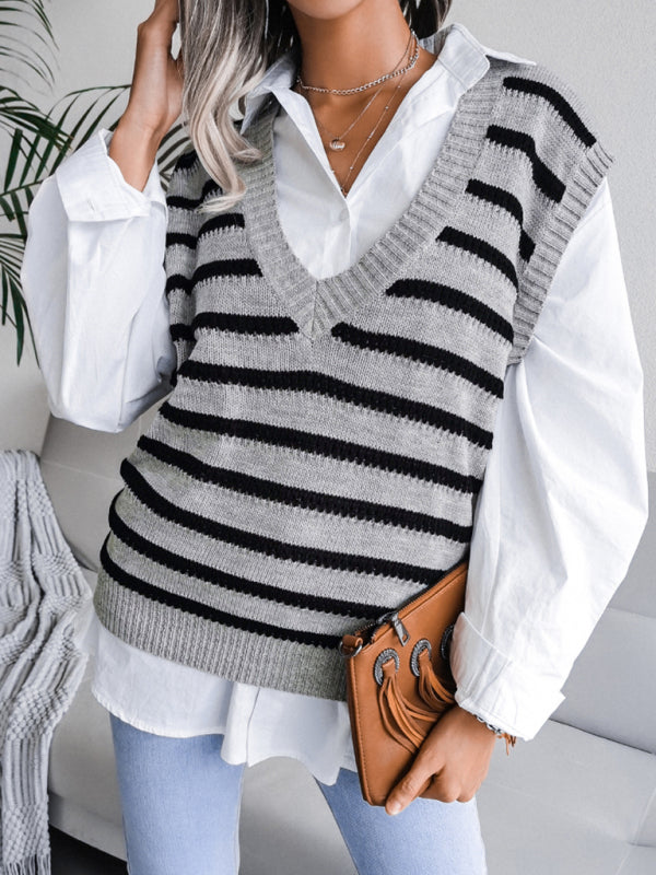 Women's V-neck stripe casual knitting vest sweater