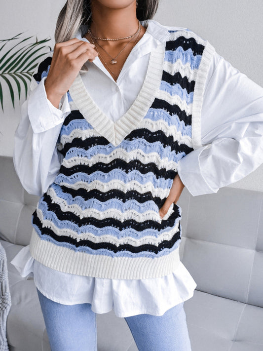 Women's V-neck hollow stripe vest sweater