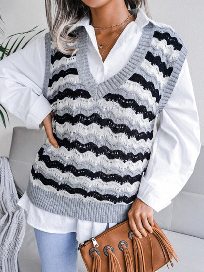 Women's V-neck hollow stripe vest sweater