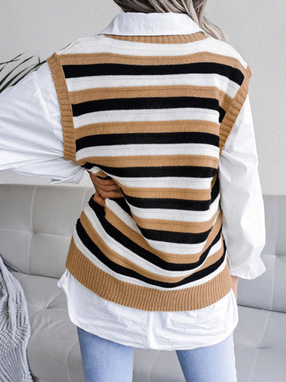 Women's V-neck hollow stripe vest sweater