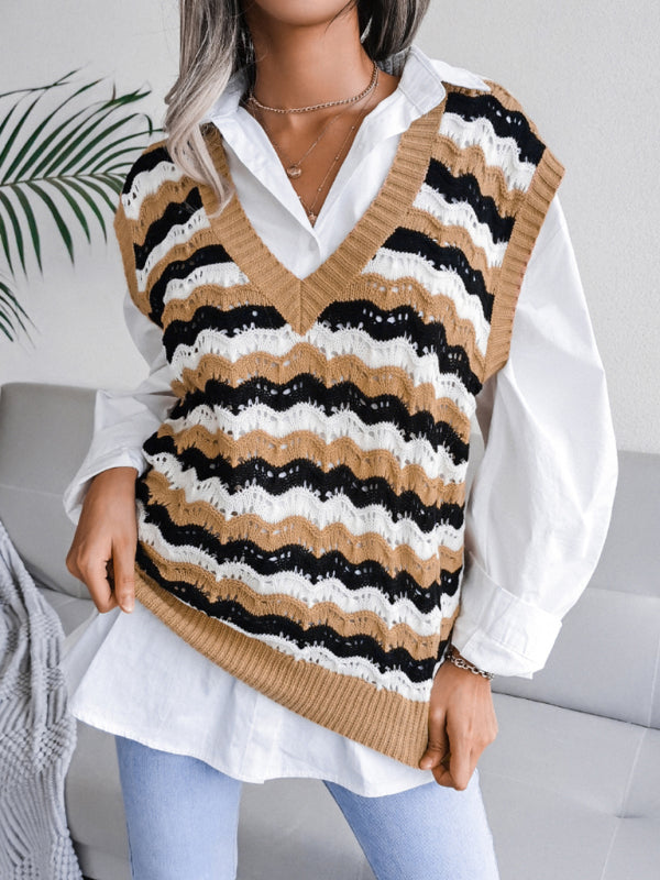 Women's V-neck hollow stripe vest sweater