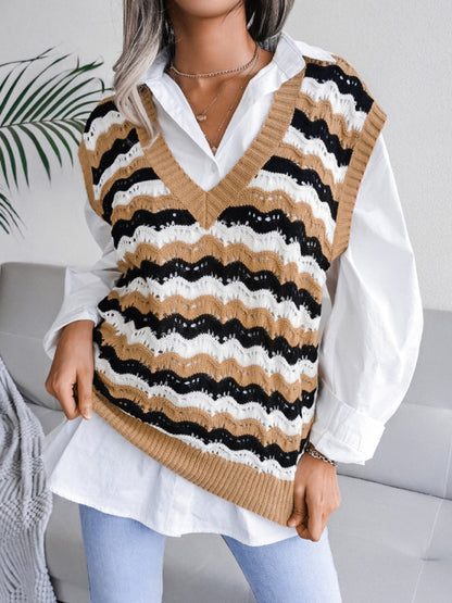 Women's V-neck hollow stripe vest sweater