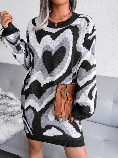 Women's contrast color love wool dress knitted dress