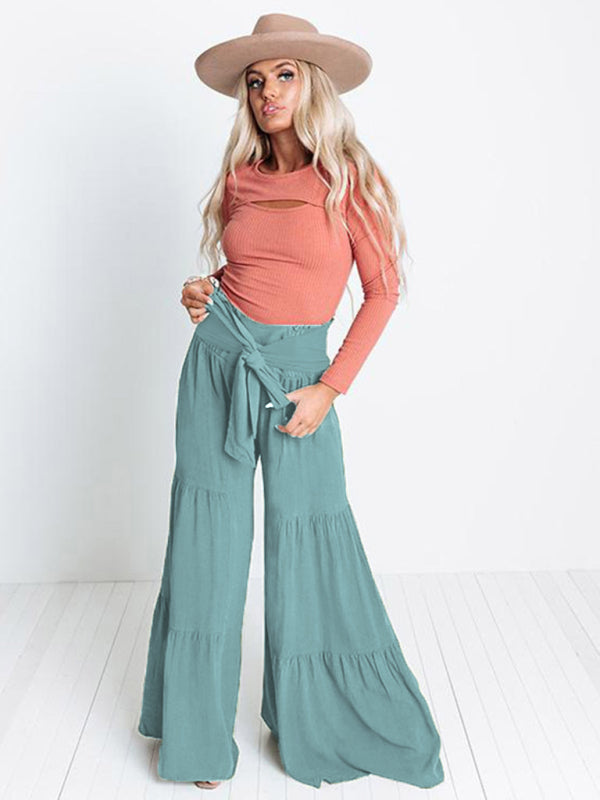 Lace Up Elastic Waist Pleated Wide Leg Pants