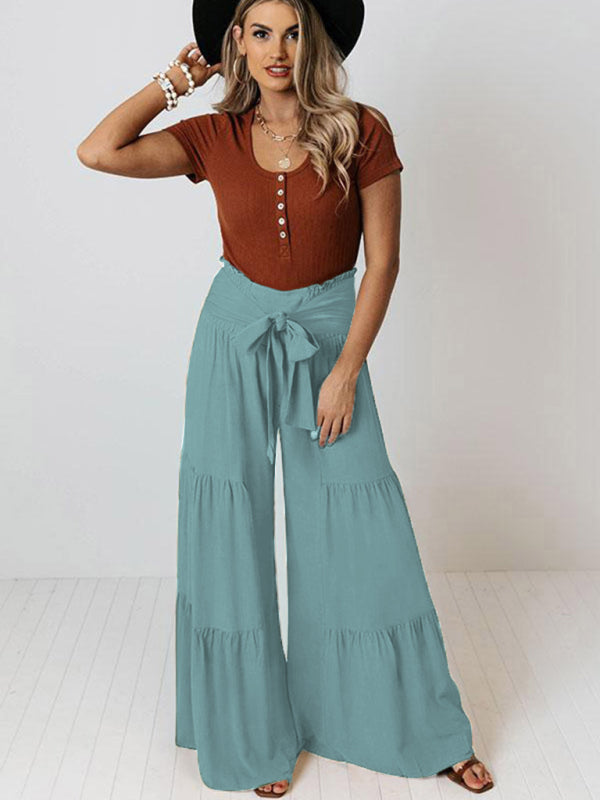 Lace Up Elastic Waist Pleated Wide Leg Pants