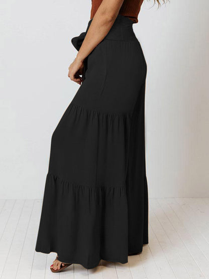 Lace Up Elastic Waist Pleated Wide Leg Pants