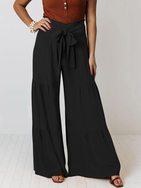 Lace Up Elastic Waist Pleated Wide Leg Pants