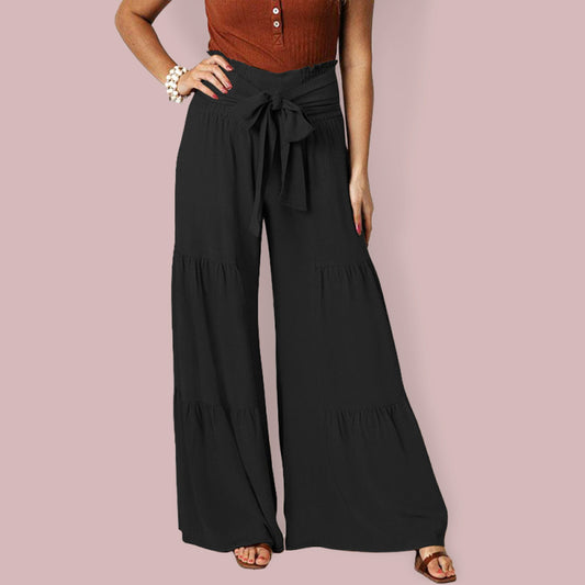 Lace Up Elastic Waist Pleated Wide Leg Pants