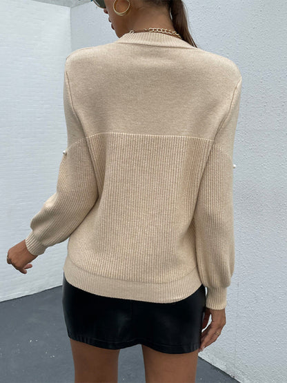 Women's Crew Neck Pullover Solid Beaded Knit Sweater