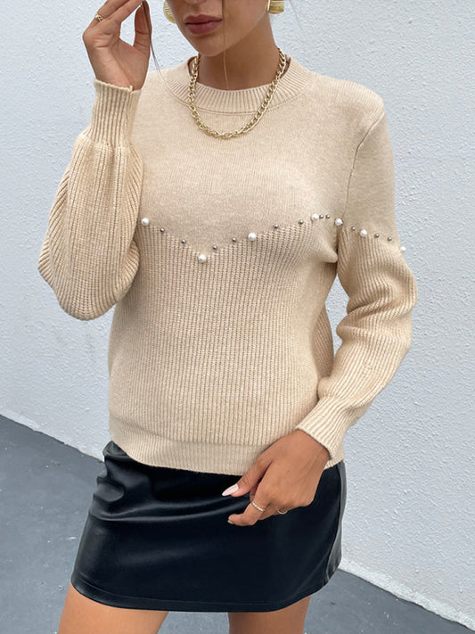 Women's Crew Neck Pullover Solid Beaded Knit Sweater