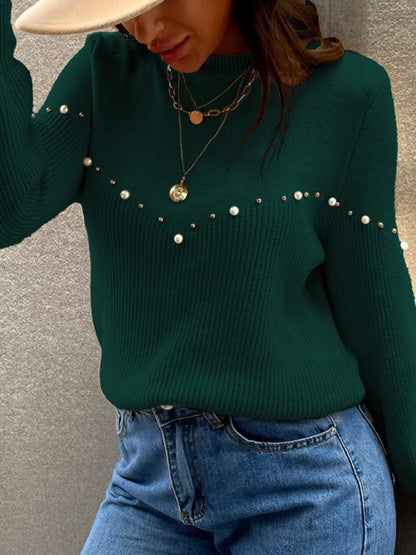 Women's Crew Neck Pullover Solid Beaded Knit Sweater