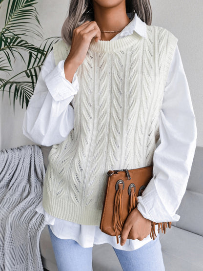 Women's round neck hollow leaf casual knitted vest sweater