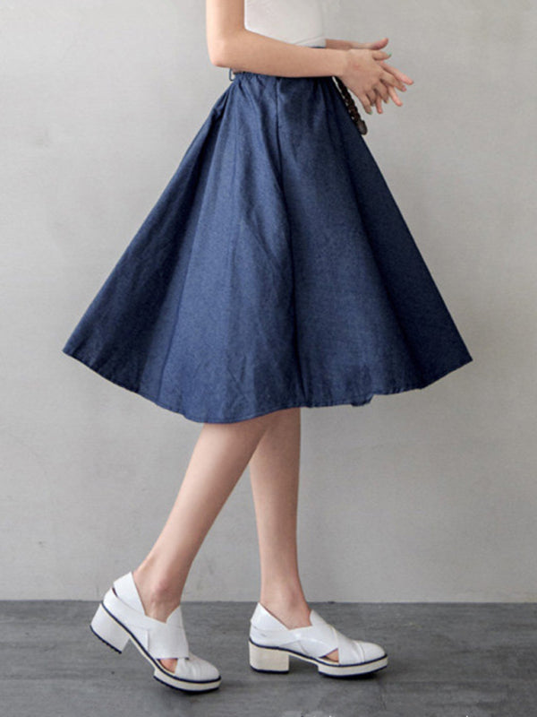 Women's High Waist Solid Color Mid Length Denim Skirt