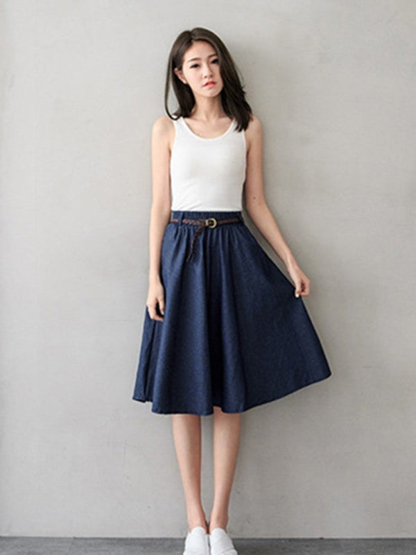 Women's High Waist Solid Color Mid Length Denim Skirt