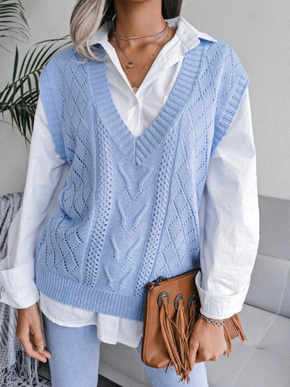 Women's hollow out fried dough twist V-neck knitted vest sweater